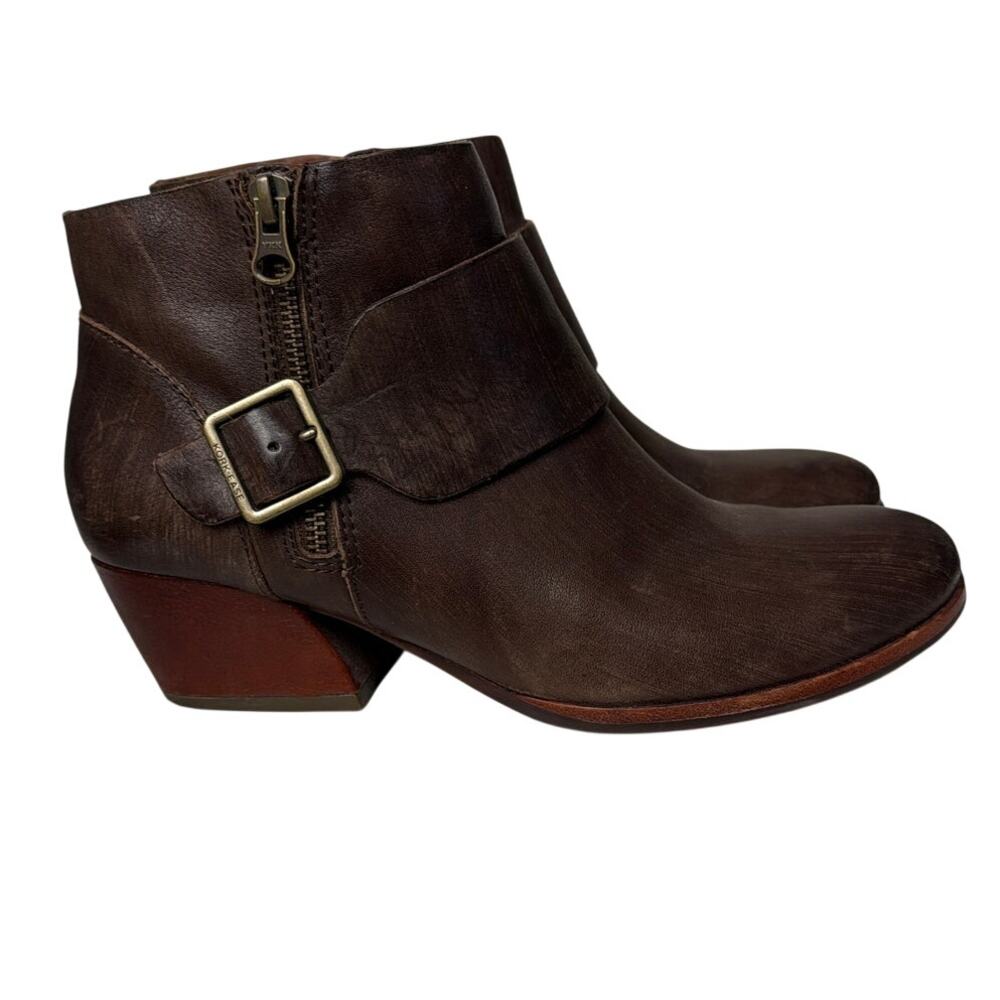 Kork-Ease Isa Buckle Ankle Boots Italian Cognac Leather Double Side Zip 8.5